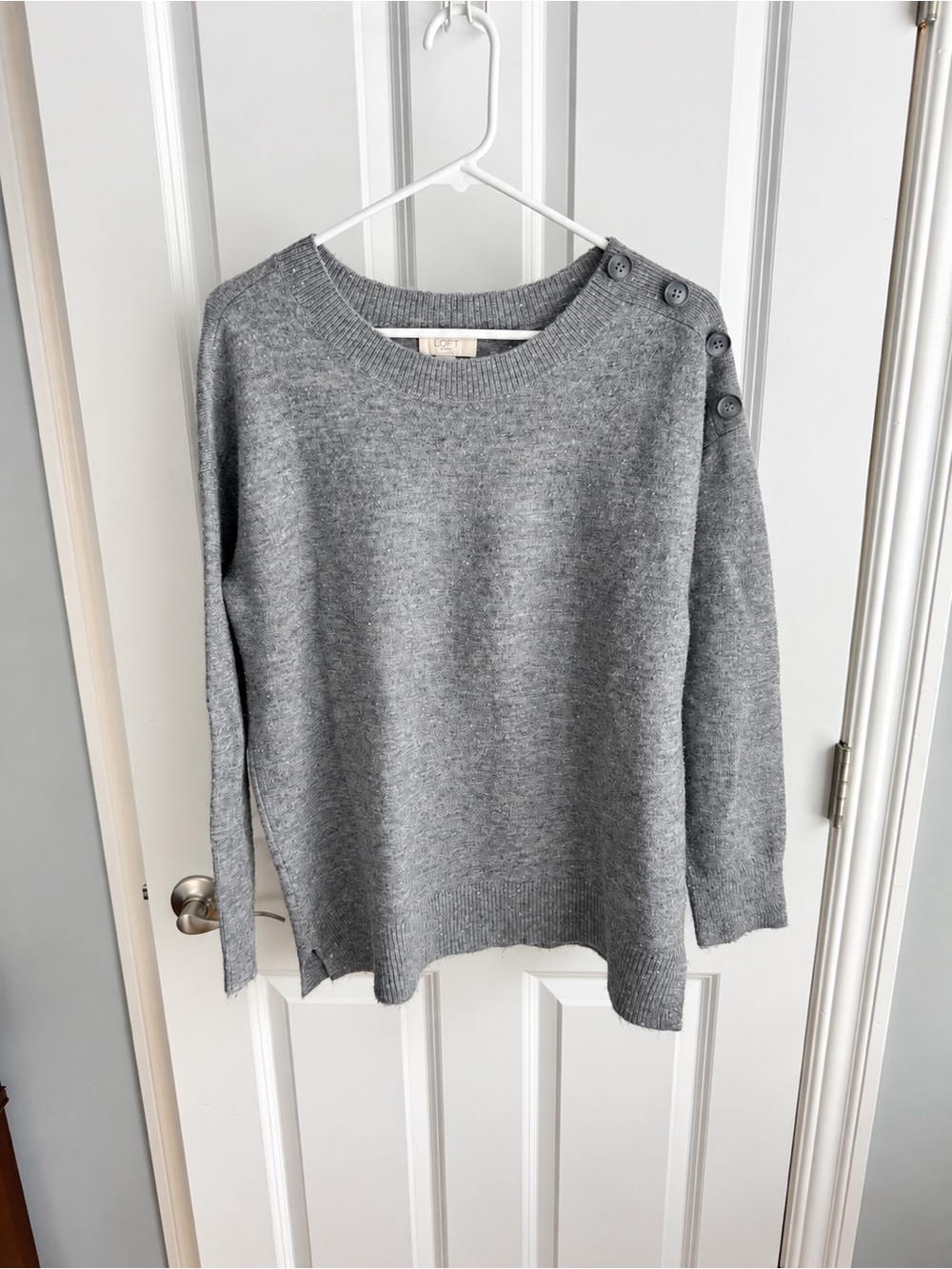 LOFT Gray Crewneck Sweater with Shoulder Buttons